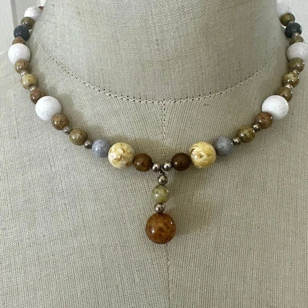 Multicolor Natural Stone Bead Necklace with Drop Pendant & Toggle Clasp